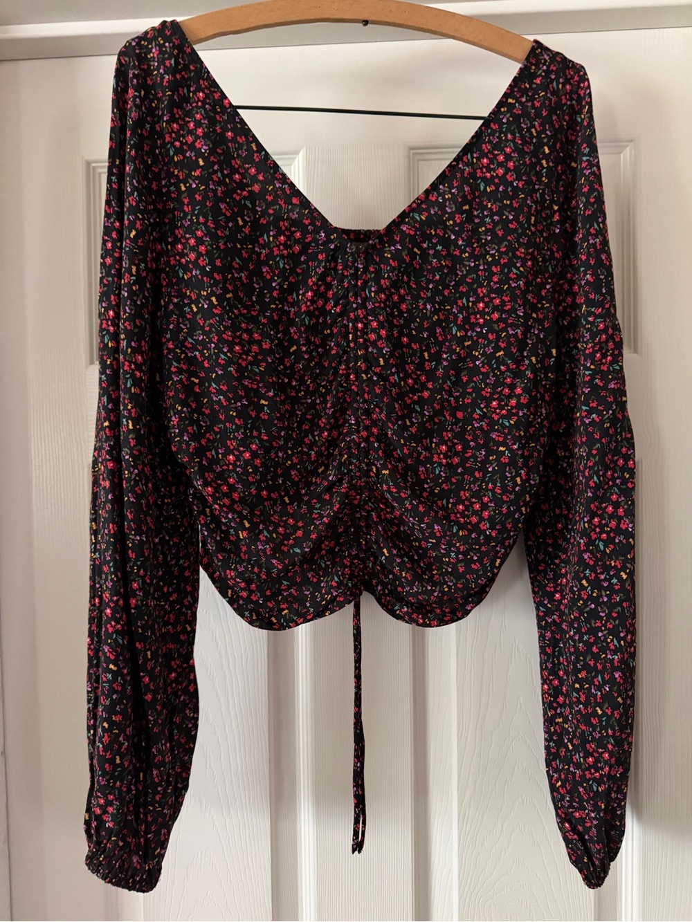 H&M Black Long-Sleeve Floral Ruched Tie-Front Top
